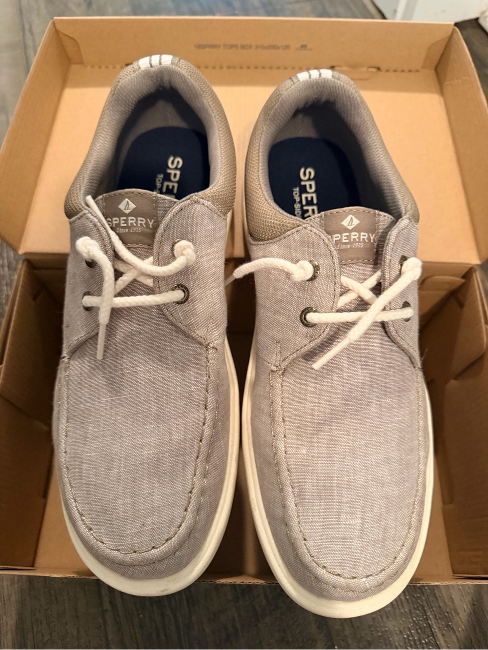 Sperry Light Gray Canvas Boat Shoes with White Laces